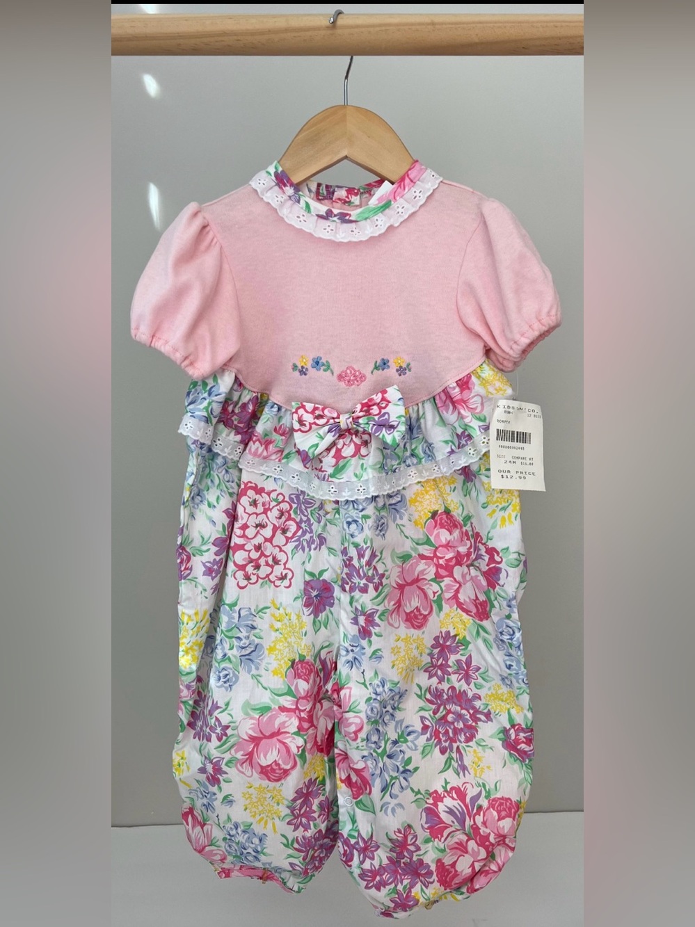 Vintage Deadstock Girlhoodcore Pink Floral Baby Girl Romper with Bow 24M